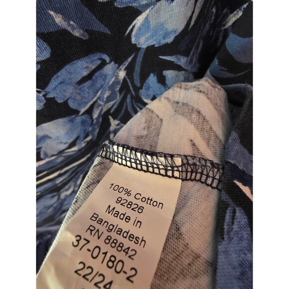 Roaman's T Shirt 22/24 1x Womens Plus Size Blue Floral Key Hole Back Art Deco - Picture 5 of 6